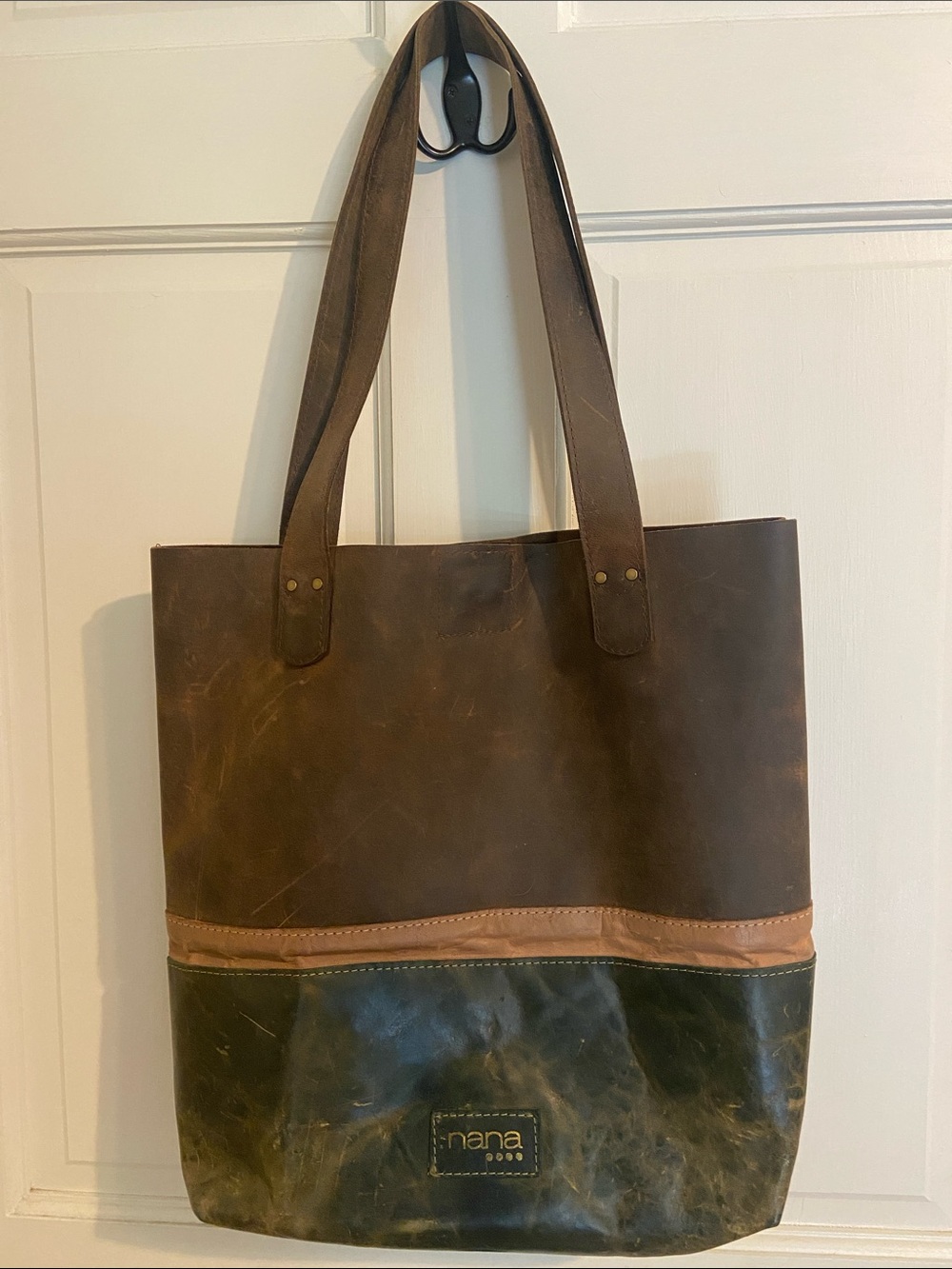 NaNa Brown and Tan Two-Tone Leather Messenger Tote